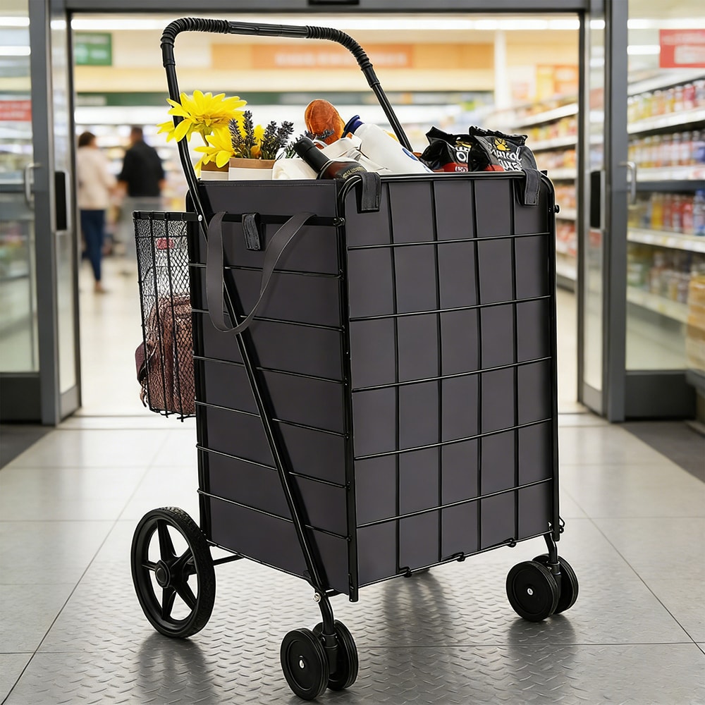 Folding Rolling Shopping Cart With Waterproof Liner And Basket_voghion.com